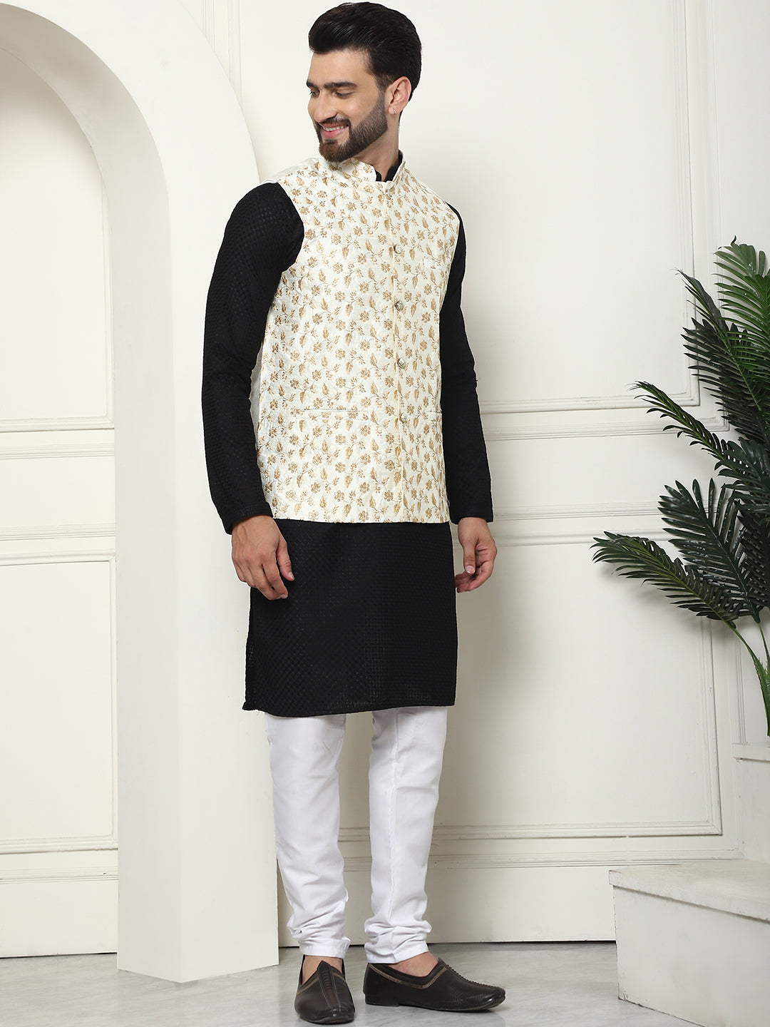 Men's Pure Cotton Black Kurta and White Pyjama With Embroidered Cream Nehru Jacket Set