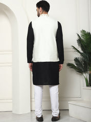 Men's Pure Cotton Black Kurta and White Pyjama With Embroidered Cream Nehru Jacket Set