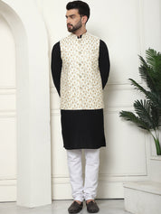 Men's Pure Cotton Black Kurta and White Pyjama With Embroidered Cream Nehru Jacket Set