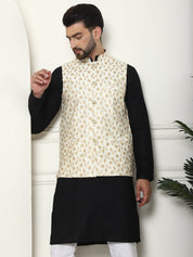 Men's Pure Cotton Black Kurta and White Pyjama With Embroidered Cream Nehru Jacket Set