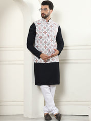 Men's Pure Cotton Black Kurta and White Pyjama With Printed Cream Nehru Jacket Set