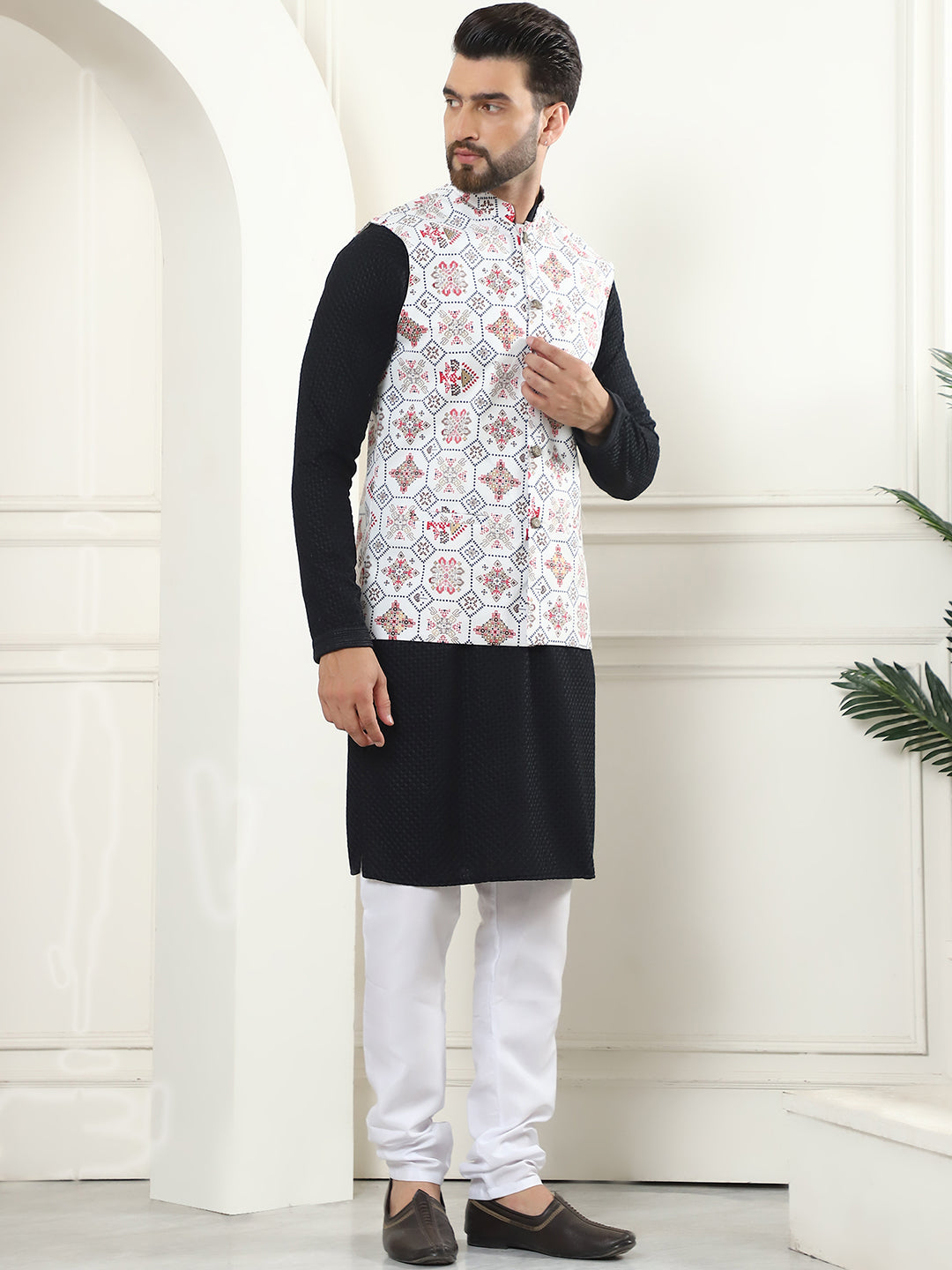 Men's Pure Cotton Black Kurta and White Pyjama With Printed Cream Nehru Jacket Set