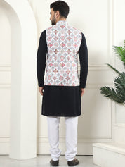 Men's Pure Cotton Black Kurta and White Pyjama With Printed Cream Nehru Jacket Set