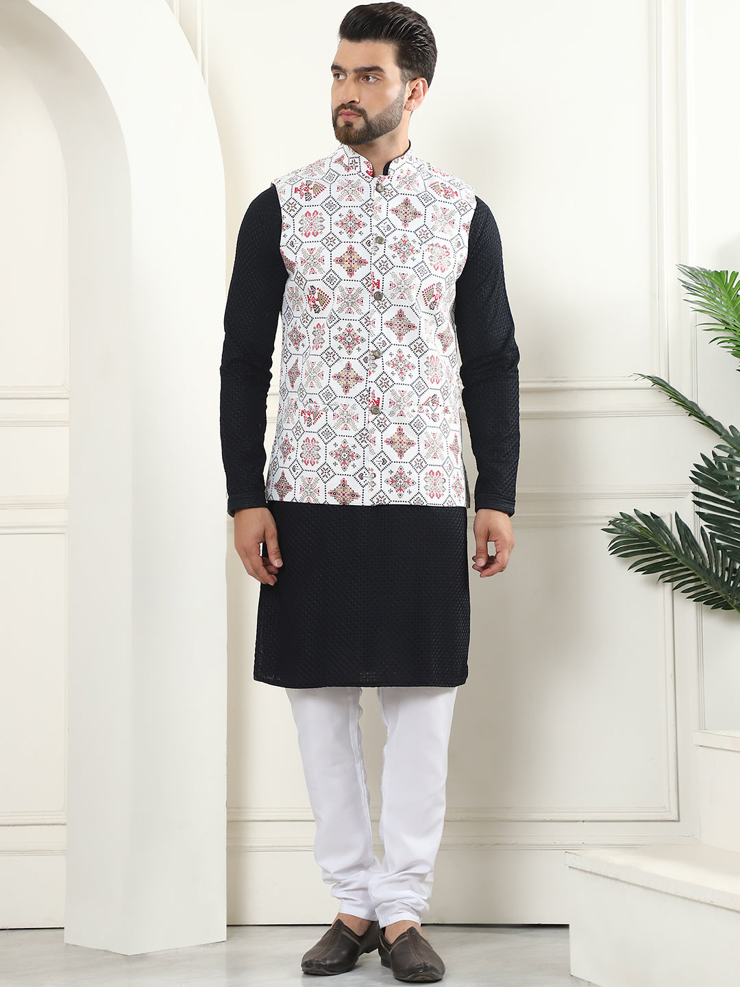 Men's Pure Cotton Black Kurta and White Pyjama With Printed Cream Nehru Jacket Set