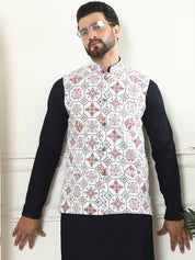 Men's Pure Cotton Black Kurta and White Pyjama With Printed Cream Nehru Jacket Set