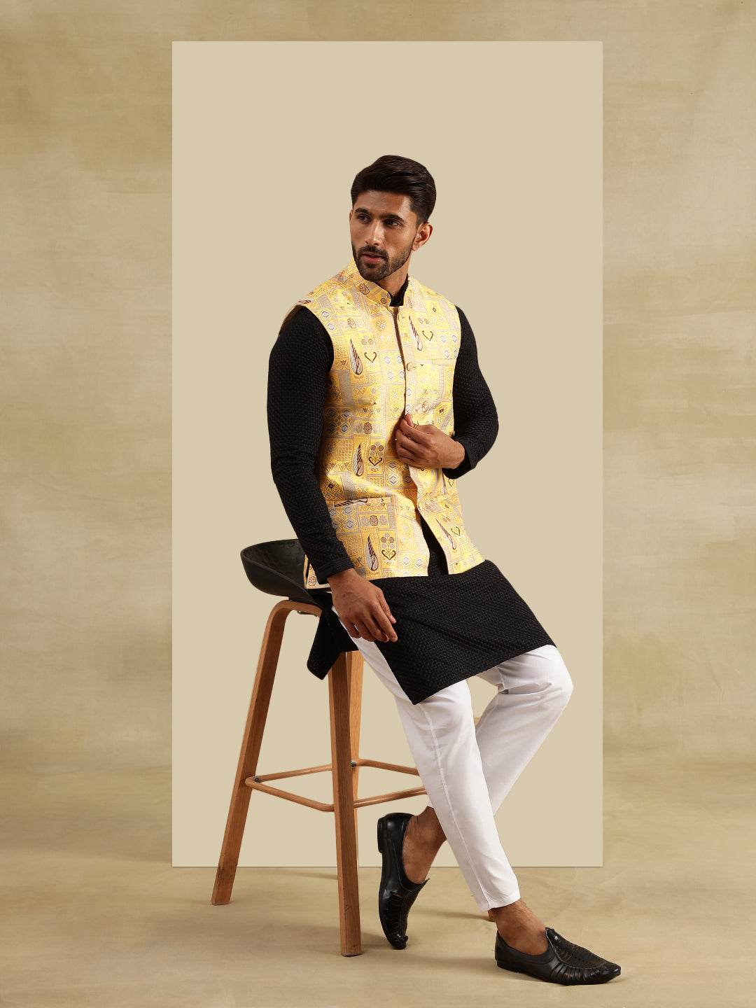 Men's Cotton Black Kurta and White Pyjama With Jacquard Silk Yellow Nehru Jacket
