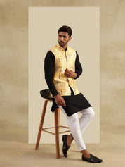 Men's Cotton Black Kurta and White Pyjama With Jacquard Silk Yellow Nehru Jacket