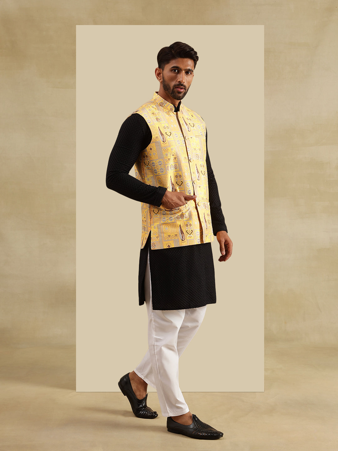 Men's Cotton Black Kurta and White Pyjama With Jacquard Silk Yellow Nehru Jacket