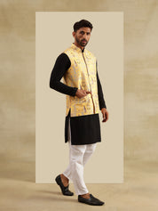 Men's Cotton Black Kurta and White Pyjama With Jacquard Silk Yellow Nehru Jacket