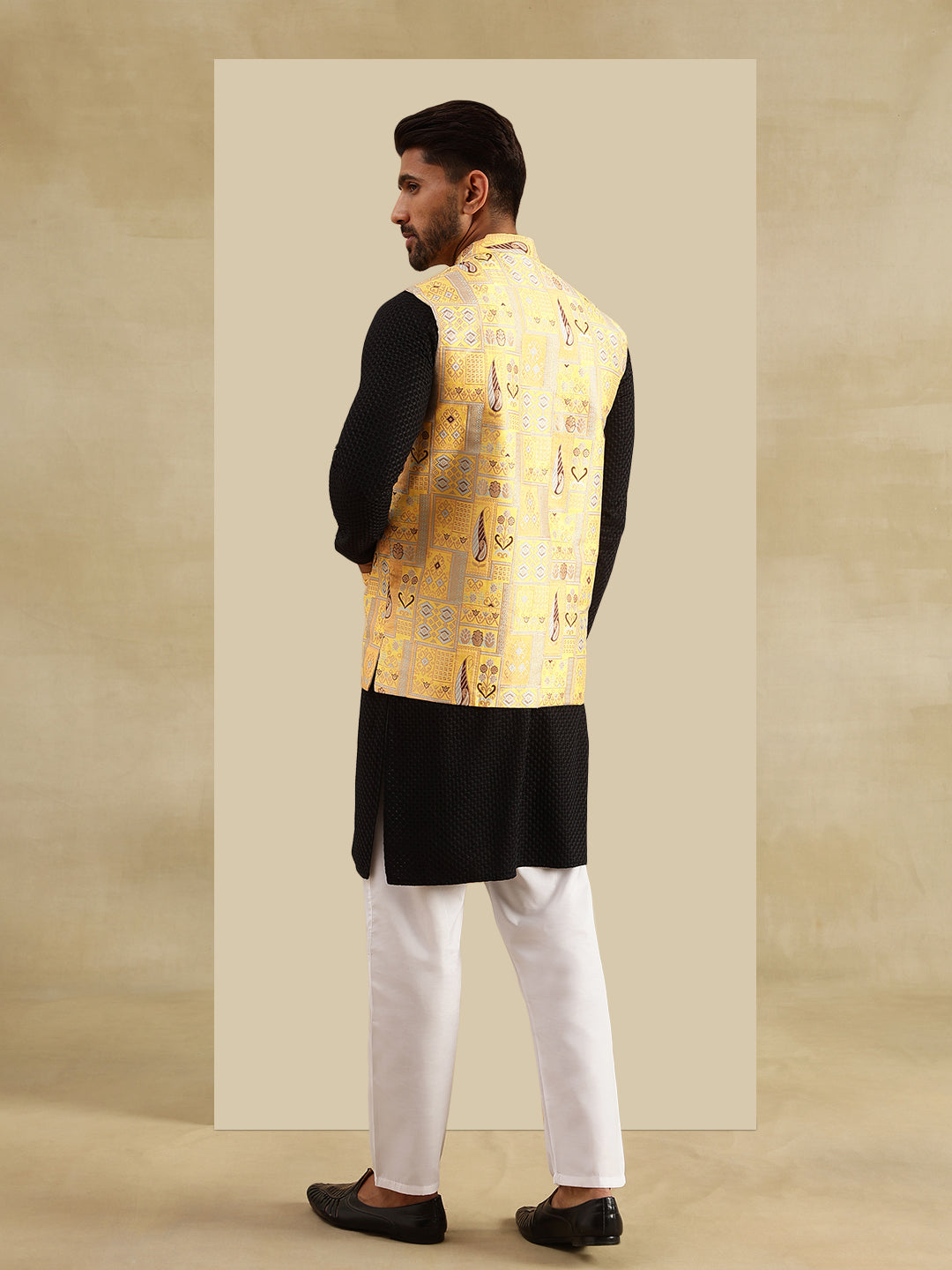 Men's Cotton Black Kurta and White Pyjama With Jacquard Silk Yellow Nehru Jacket