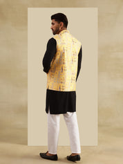 Men's Cotton Black Kurta and White Pyjama With Jacquard Silk Yellow Nehru Jacket