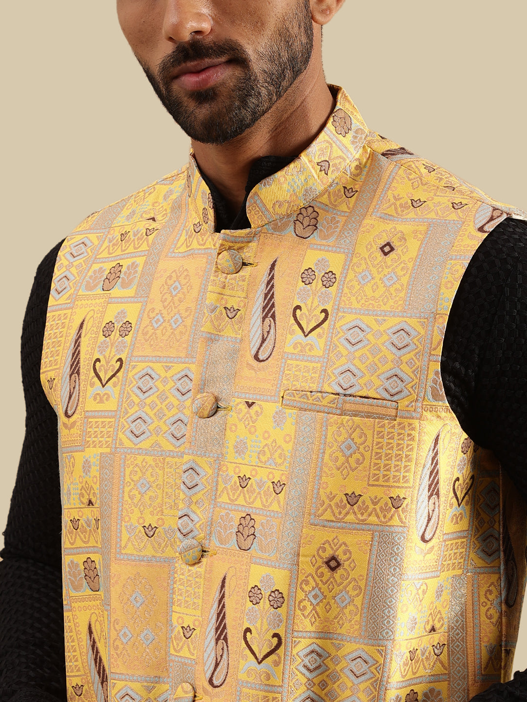 Men's Cotton Black Kurta and White Pyjama With Jacquard Silk Yellow Nehru Jacket