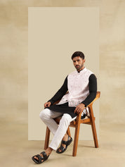 Men's Cotton Black Kurta & White Pyjama With Daman Embroidered Pink Nehru Jacket