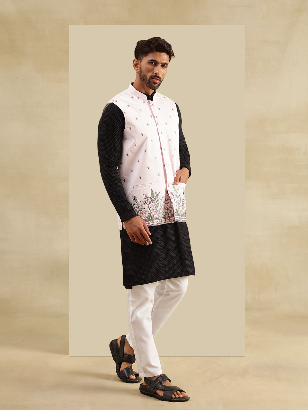 Men's Cotton Black Kurta & White Pyjama With Daman Embroidered Pink Nehru Jacket