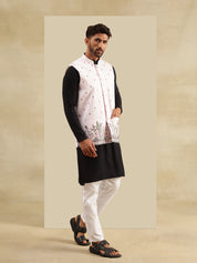 Men's Cotton Black Kurta & White Pyjama With Daman Embroidered Pink Nehru Jacket