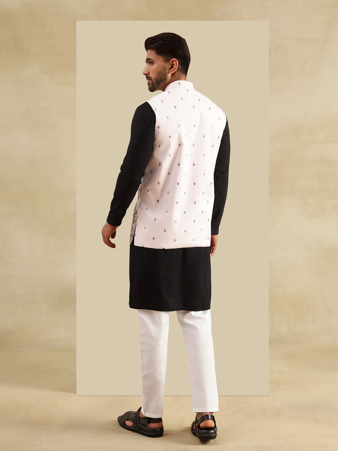 Men's Cotton Black Kurta & White Pyjama With Daman Embroidered Pink Nehru Jacket