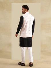 Men's Cotton Black Kurta & White Pyjama With Daman Embroidered Pink Nehru Jacket