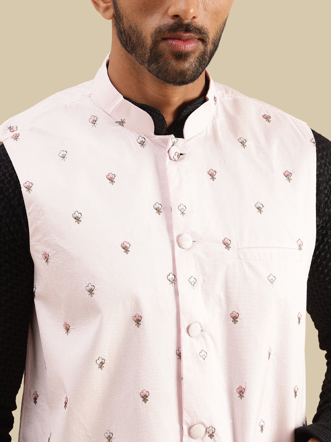 Men's Cotton Black Kurta & White Pyjama With Daman Embroidered Pink Nehru Jacket