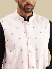 Men's Cotton Black Kurta & White Pyjama With Daman Embroidered Pink Nehru Jacket