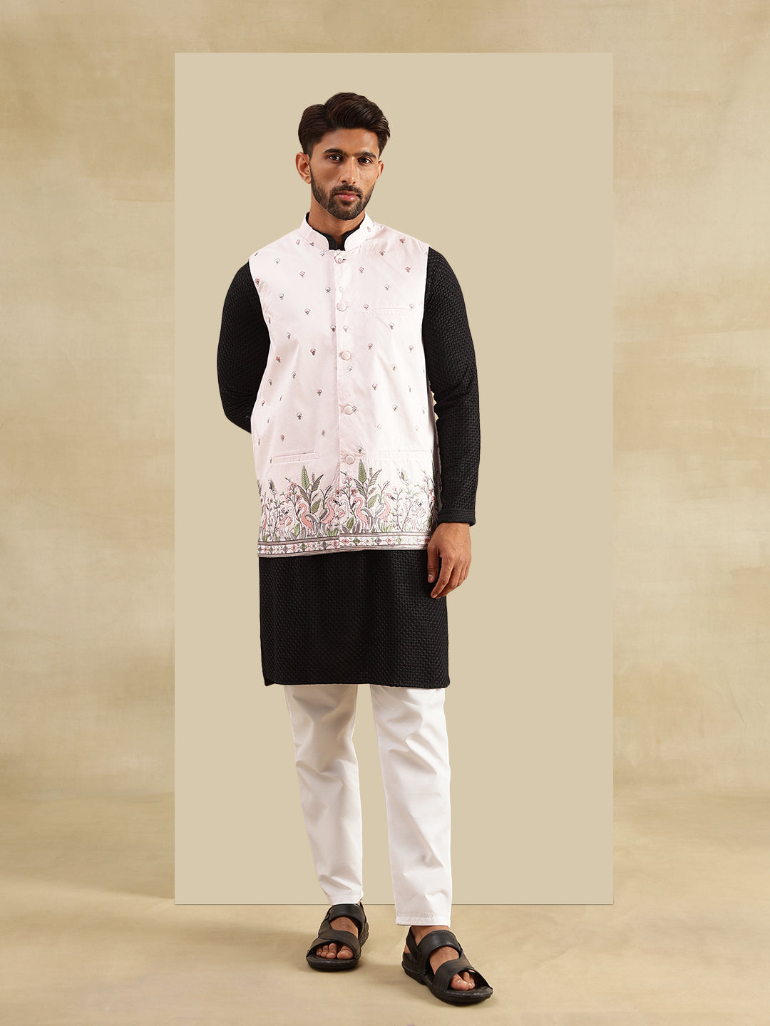 Men's Cotton Black Kurta & White Pyjama With Daman Embroidered Pink Nehru Jacket