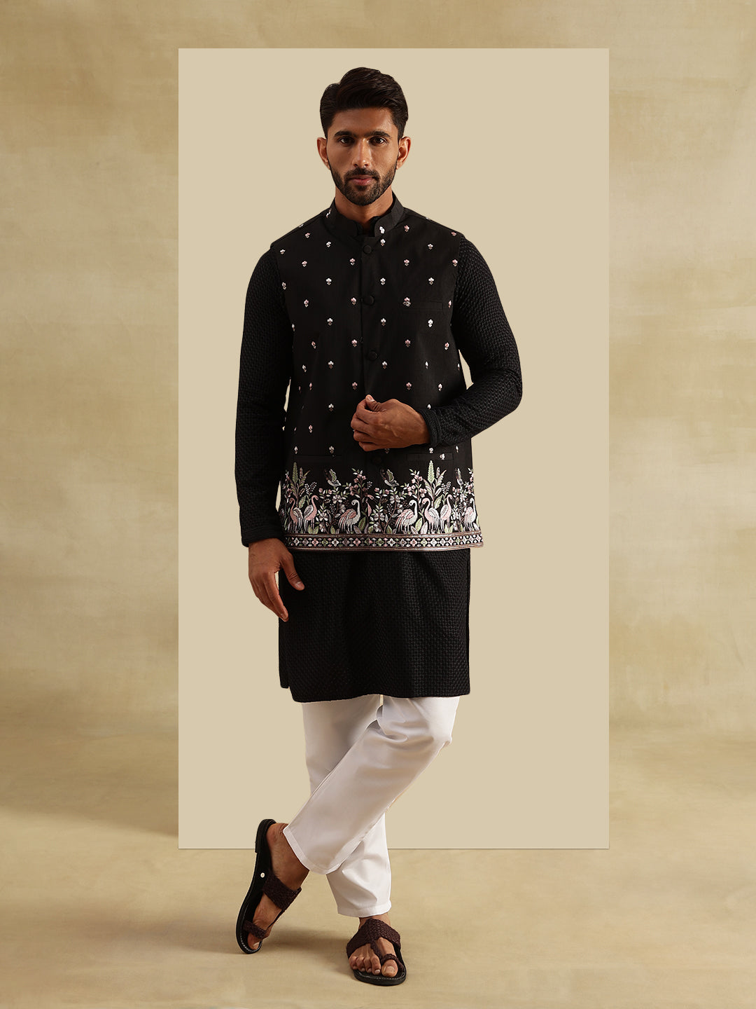 Men's Cotton Black Kurta & White Pyjama With Daman Embroidered Black Nehru Jacket
