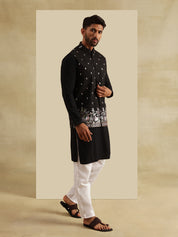 Men's Cotton Black Kurta & White Pyjama With Daman Embroidered Black Nehru Jacket