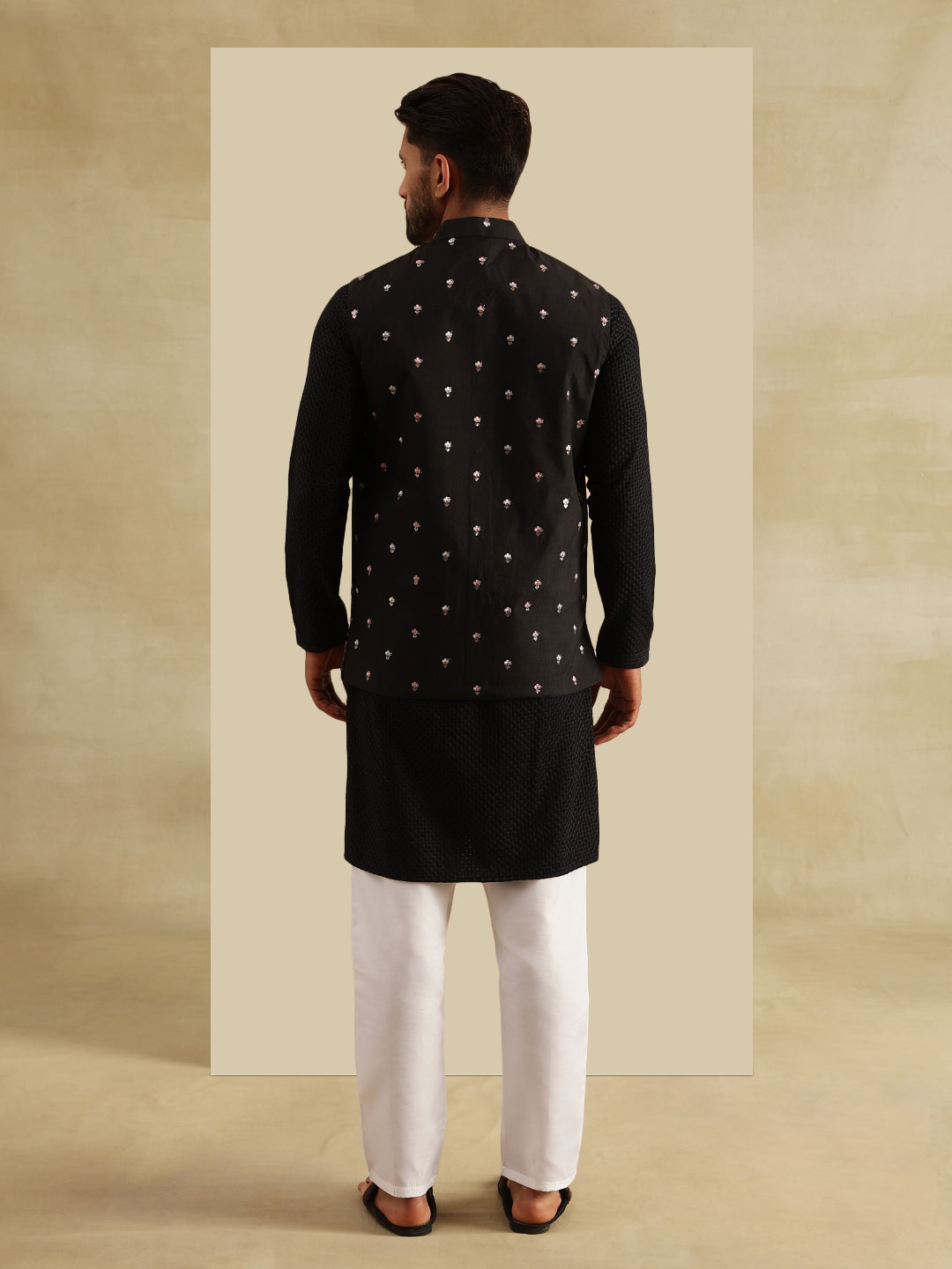 Men's Cotton Black Kurta & White Pyjama With Daman Embroidered Black Nehru Jacket