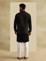 Men's Cotton Black Kurta & White Pyjama With Daman Embroidered Black Nehru Jacket