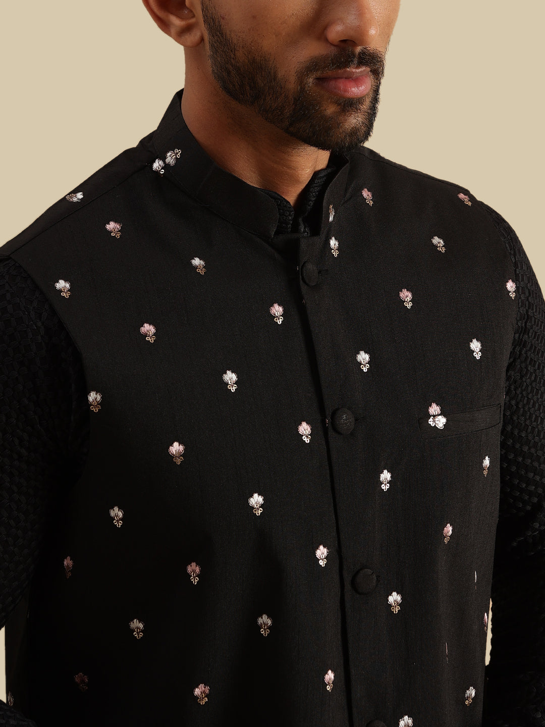 Men's Cotton Black Kurta & White Pyjama With Daman Embroidered Black Nehru Jacket