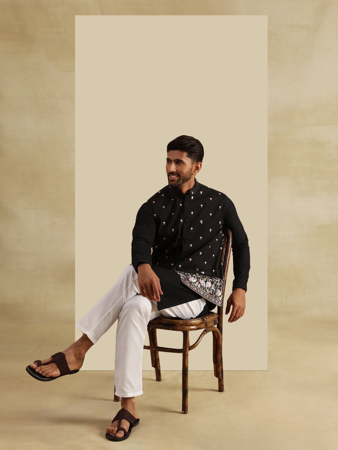 Men's Cotton Black Kurta & White Pyjama With Daman Embroidered Black Nehru Jacket