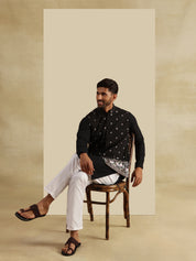 Men's Cotton Black Kurta & White Pyjama With Daman Embroidered Black Nehru Jacket