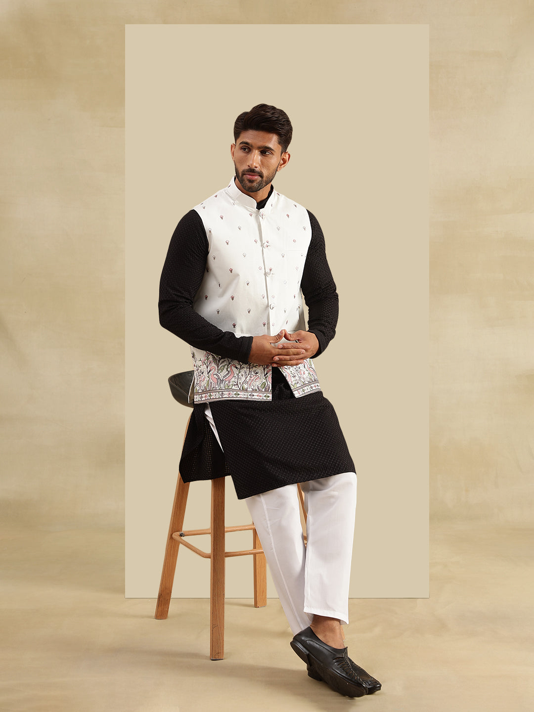 Men's Cotton Black Kurta & White Pyjama With Daman Embroidered Cream Nehru Jacket