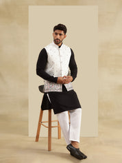 Men's Cotton Black Kurta & White Pyjama With Daman Embroidered Cream Nehru Jacket