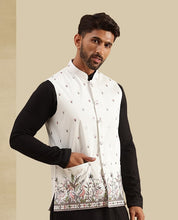 Men's Cotton Black Kurta & White Pyjama With Daman Embroidered Cream Nehru Jacket
