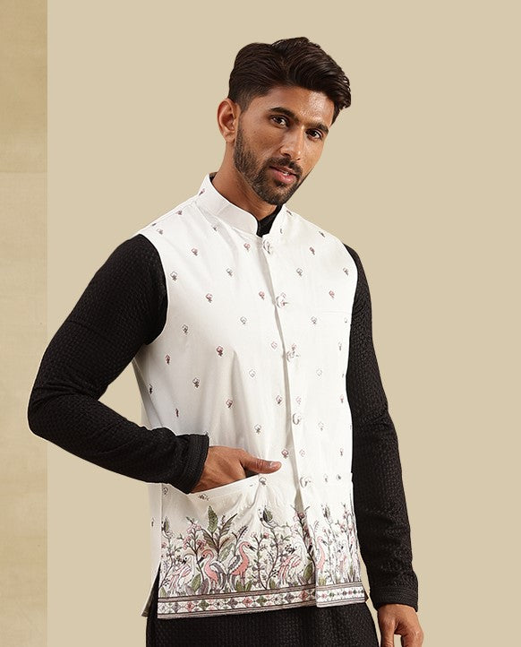 Men's Cotton Black Kurta & White Pyjama With Daman Embroidered Cream Nehru Jacket