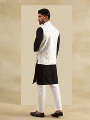 Men's Cotton Black Kurta & White Pyjama With Daman Embroidered Cream Nehru Jacket