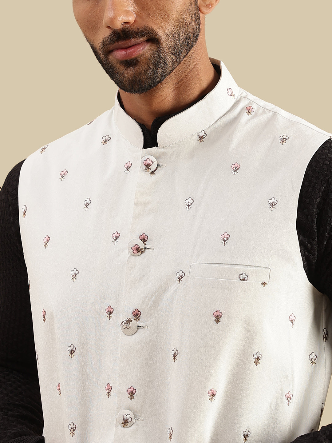 Men's Cotton Black Kurta & White Pyjama With Daman Embroidered Cream Nehru Jacket