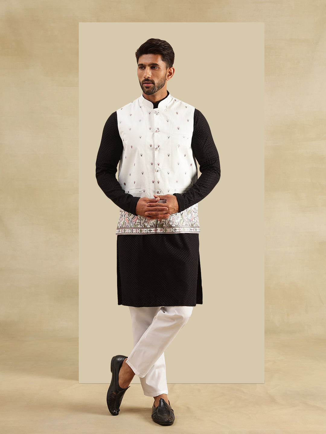 Men's Cotton Black Kurta & White Pyjama With Daman Embroidered Cream Nehru Jacket