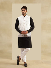 Men's Cotton Black Kurta & White Pyjama With Daman Embroidered Cream Nehru Jacket