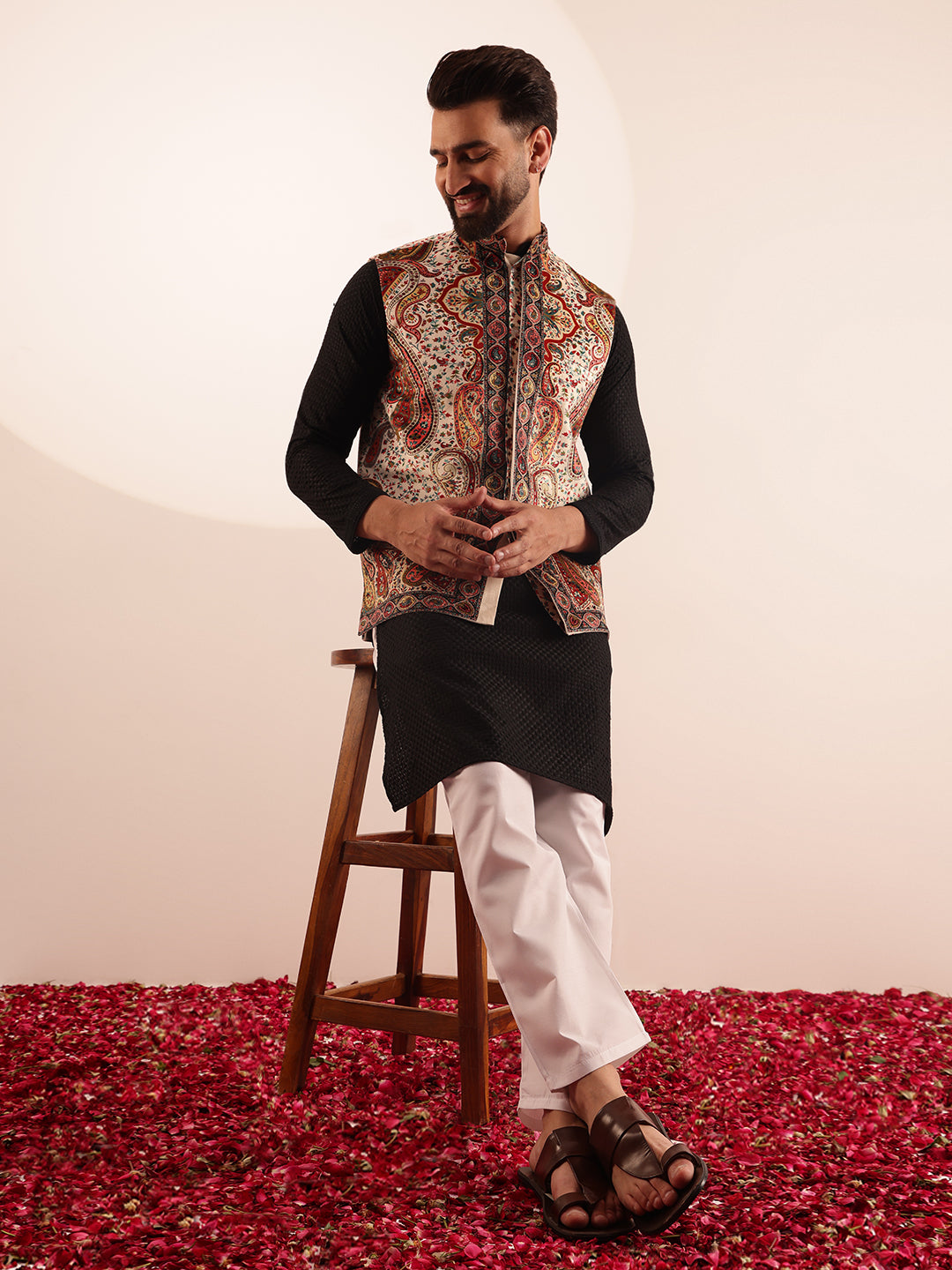 Men's Cotton Black Kurta & White Pyjama With Paisley Design Velvet Cream Nehru Jacket