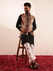 Men's Cotton Black Kurta & White Pyjama With Paisley Design Velvet Cream Nehru Jacket
