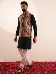 Men's Cotton Black Kurta & White Pyjama With Paisley Design Velvet Cream Nehru Jacket