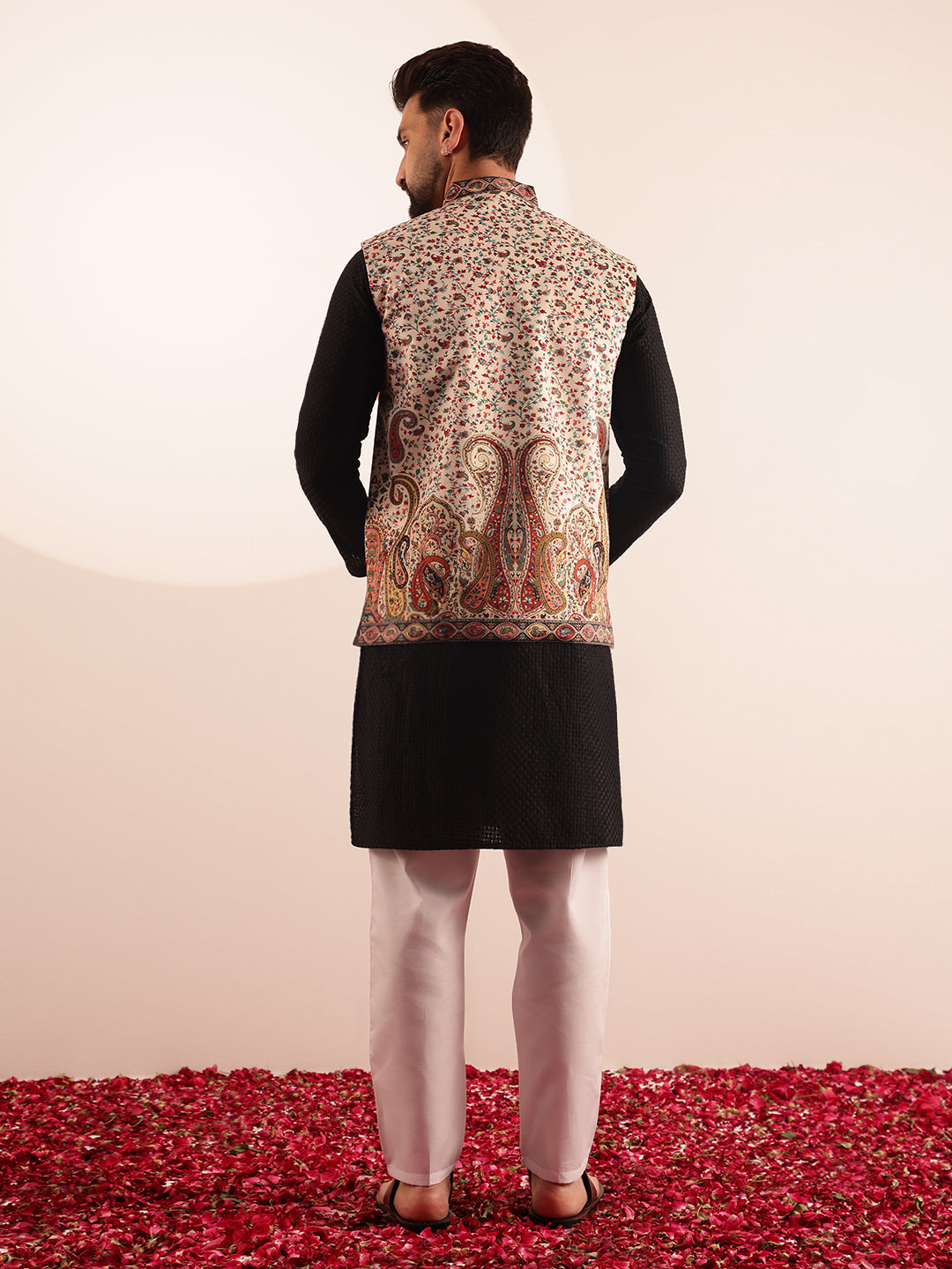 Men's Cotton Black Kurta & White Pyjama With Paisley Design Velvet Cream Nehru Jacket