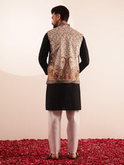 Men's Cotton Black Kurta & White Pyjama With Paisley Design Velvet Cream Nehru Jacket