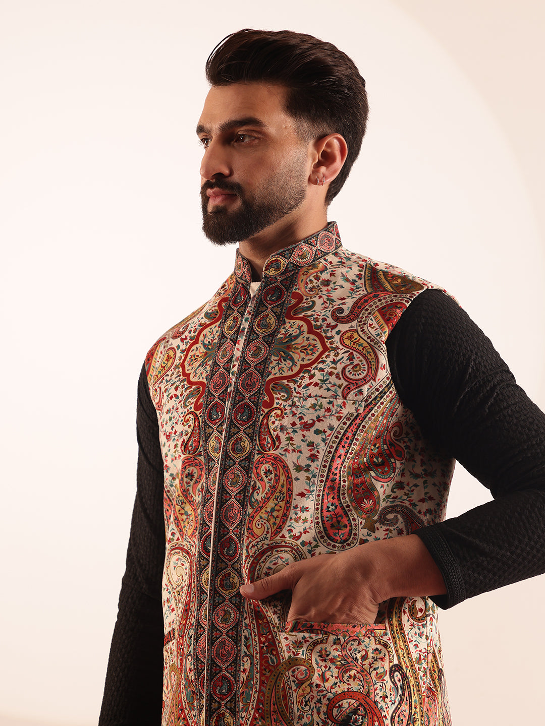 Men's Cotton Black Kurta & White Pyjama With Paisley Design Velvet Cream Nehru Jacket