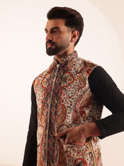 Men's Cotton Black Kurta & White Pyjama With Paisley Design Velvet Cream Nehru Jacket