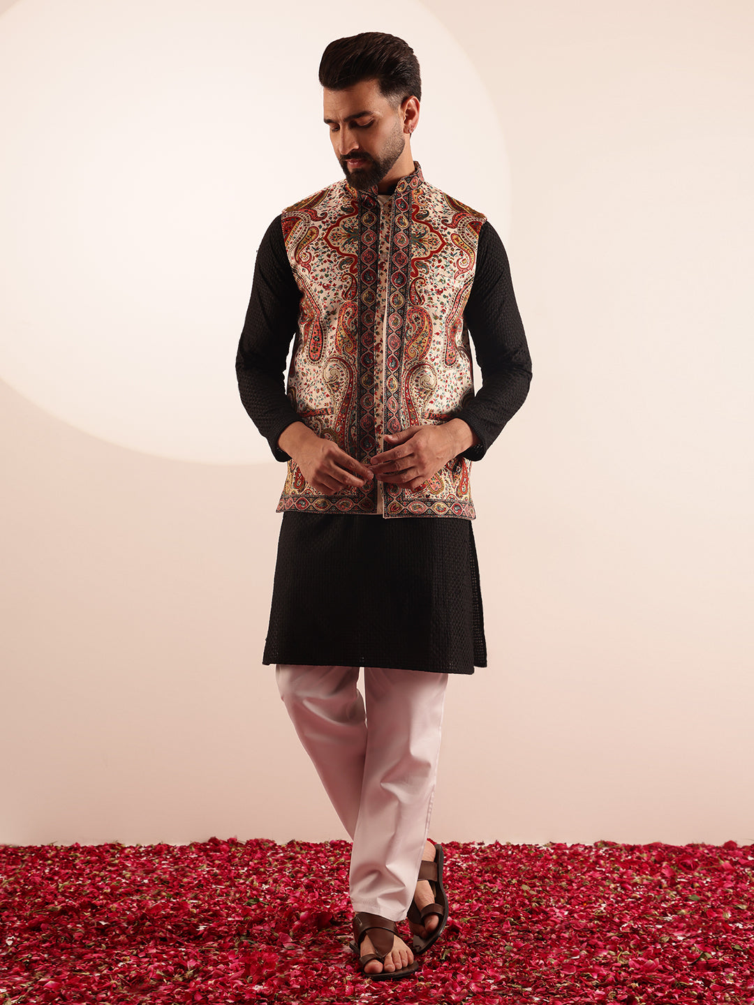 Men's Cotton Black Kurta & White Pyjama With Paisley Design Velvet Cream Nehru Jacket