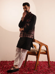 Men's Cotton Black Kurta & White Pyjama With Paisley Design Velvet Black Nehru Jacket