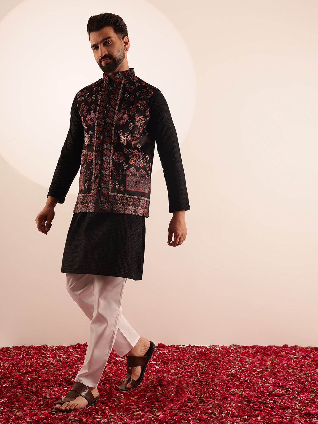 Men's Cotton Black Kurta & White Pyjama With Paisley Design Velvet Black Nehru Jacket