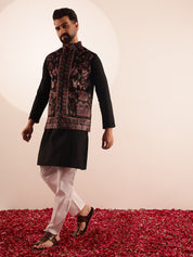 Men's Cotton Black Kurta & White Pyjama With Paisley Design Velvet Black Nehru Jacket